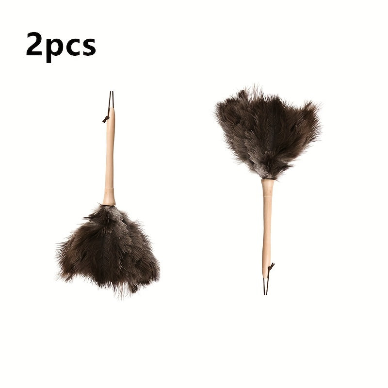 Natural feather duster with a fluffy 40.64 cm head and a wooden handle for cleaning homes, offices, and cars. Perfect cleaning supply.