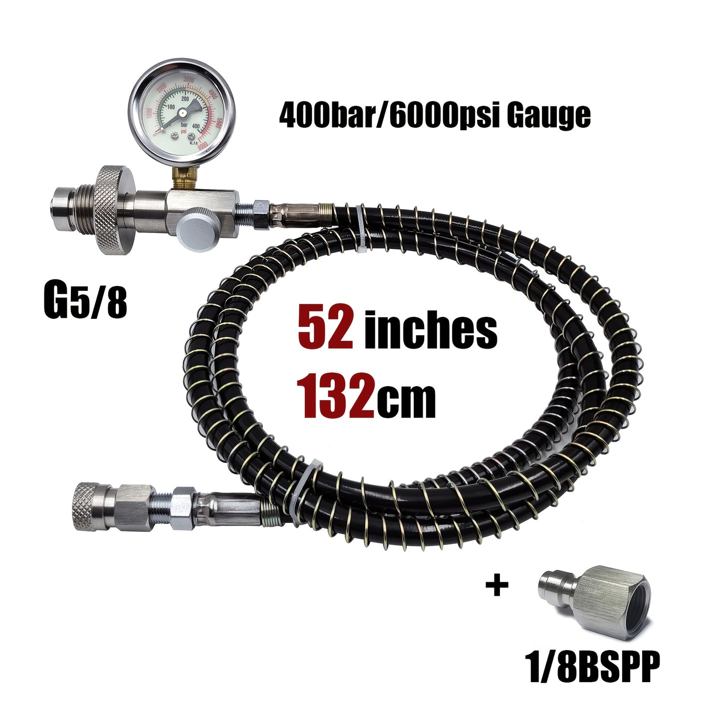 High-pressure diving filling station adapter kit with 6000psi gauge, stainless steel, includes quick disconnect hose for transferring gas from large tanks to small bottles.