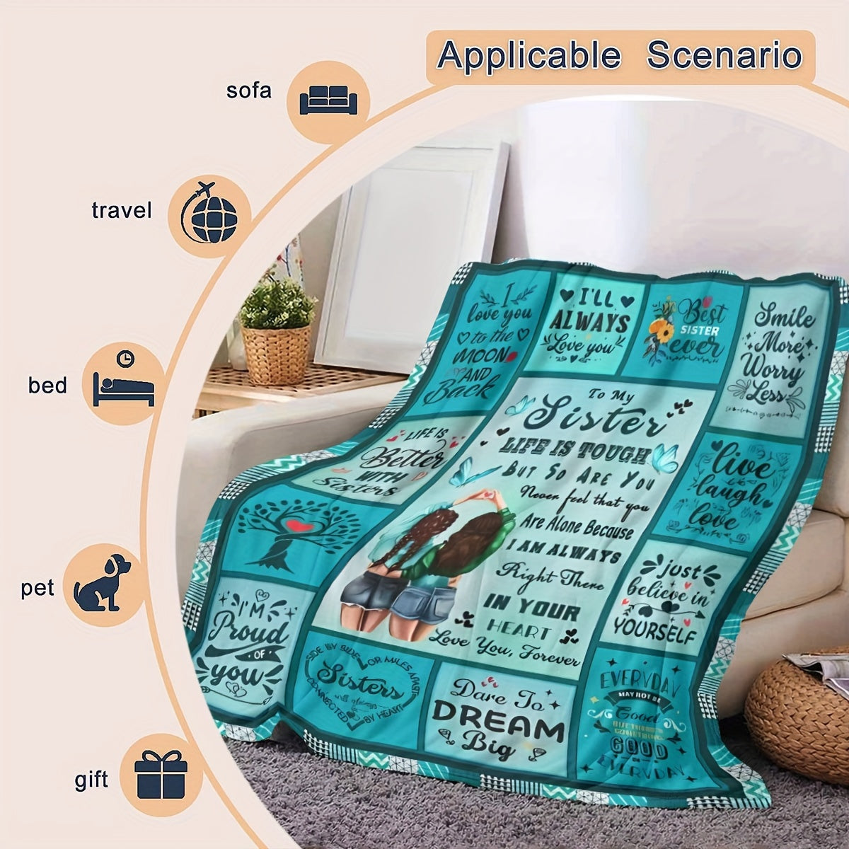 Flannel Fleece Sisters Gift Throw Blanket, suitable for all seasons with a contemporary style and vibrant digital print. Made with a cozy polyester cover, perfect for use on beds, sofas, or chairs. Lightweight with a fabric weight of 200-250g, this