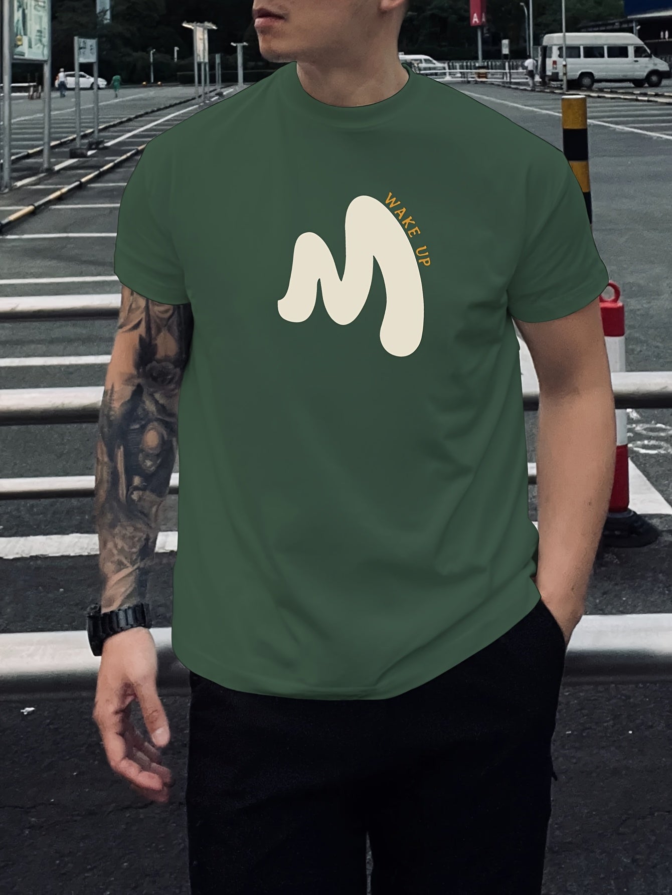 MBDMBD Men's Graphic Tee features a "WAKE UP" design. Made from breathable polyester blend, machine washable. Ideal for summer streetwear with unique M print design.