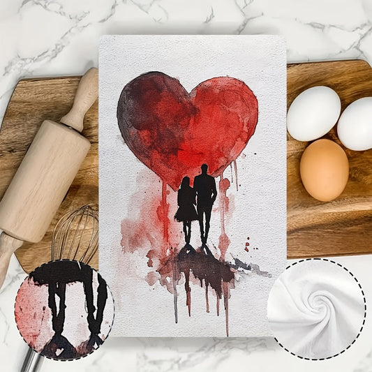 Set of 2 Ultra Soft Kitchen Towels featuring a Romantic Watercolor Heart Design. These Highly Absorbent and Machine Washable Dish Hand Towels measure 40.64x60.96 cm – Perfect for Valentine's Day Decor and everyday use in the kitchen.