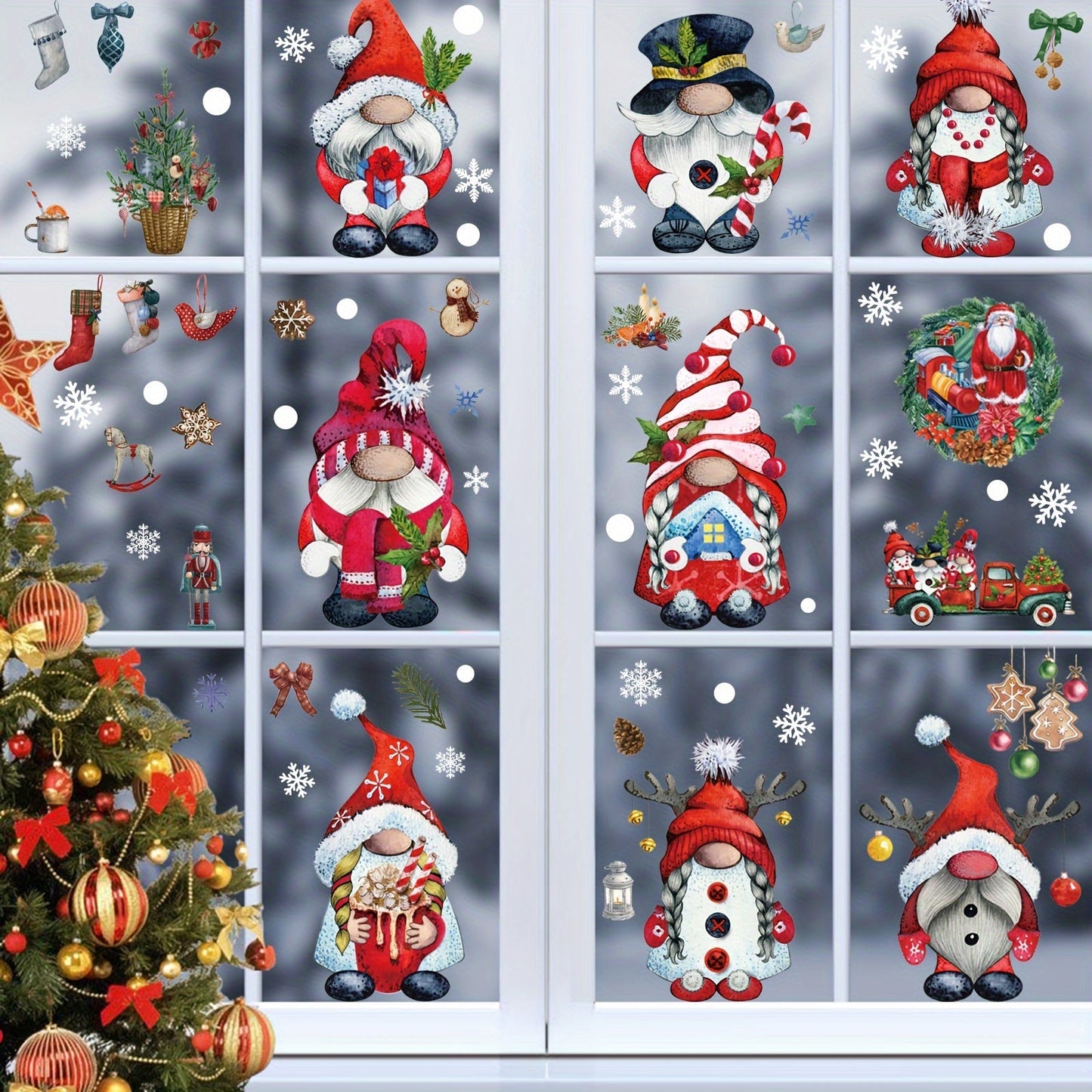 Set of 9 Christmas Gnome Window Clings - Decorate Your Home or Office with Festive Glass Decals for the Holidays, Simple Stick & Peel Application, Perfect for Christmas