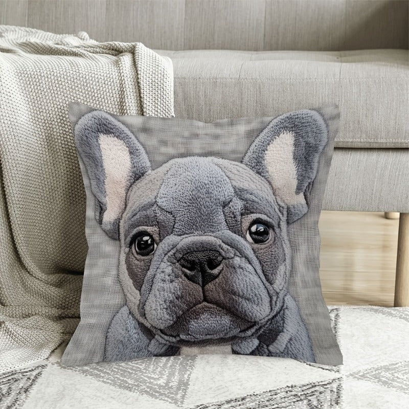 Grey Bulldog design throw pillow cover - 45.72x45.72cm, soft linen, machine washable with zipper closure. Ideal for home, office, or party decor.