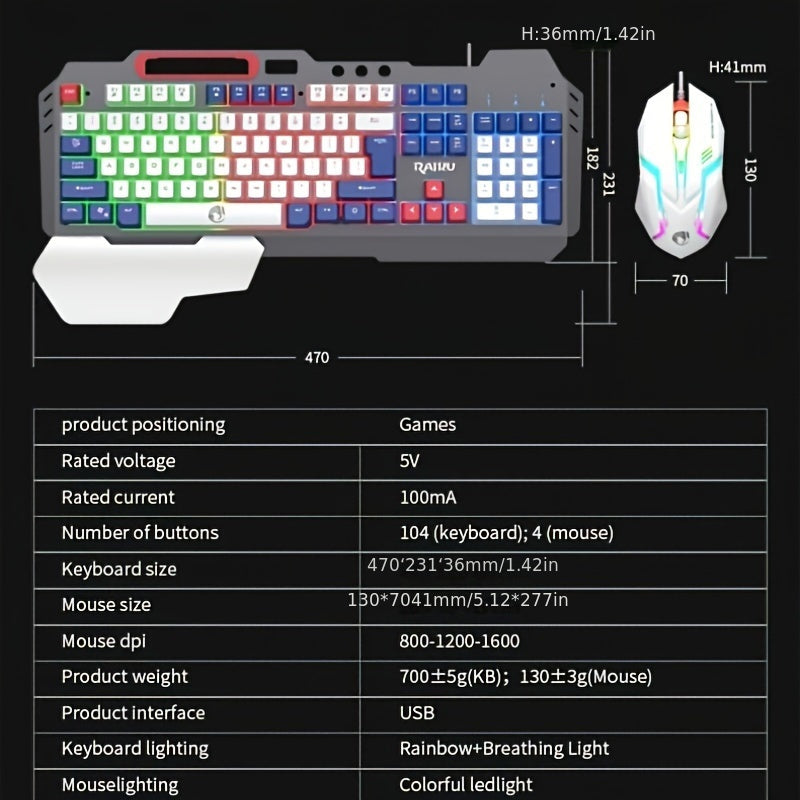 Three colors block wired gaming keyboard and mouse set with optical backlit keyboard for gaming, office, and laptop use.