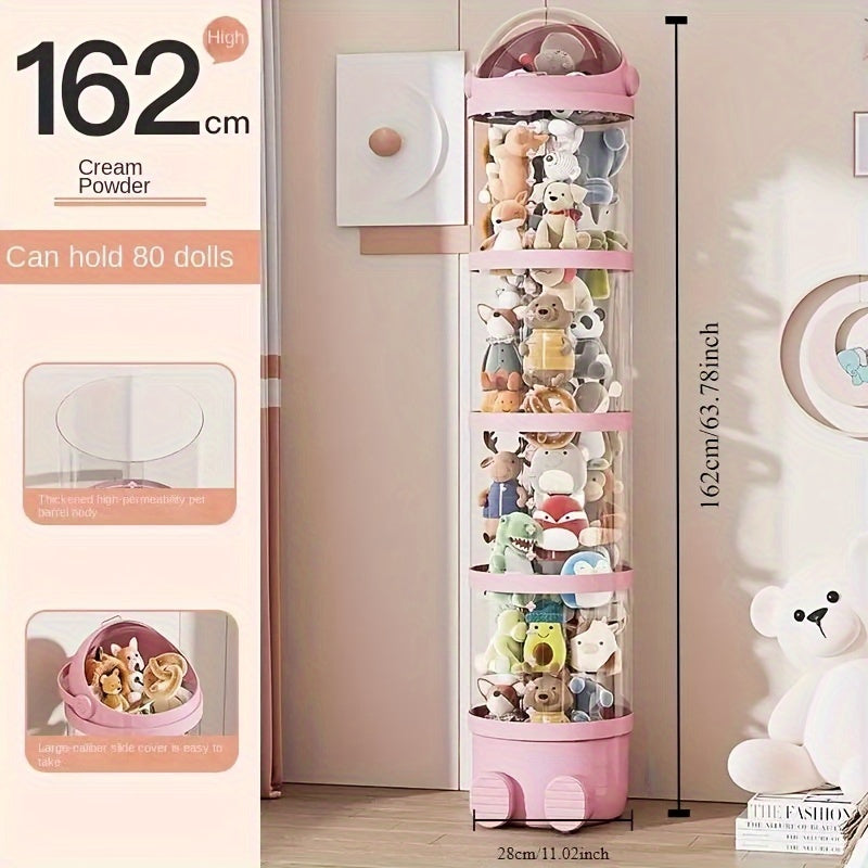 Acrylic doll storage organizer with multi-layer transparent display stand. Round flip design, waterproof plastic material. No power required. Ideal for plush toys and puppets, home and kitchen decor.