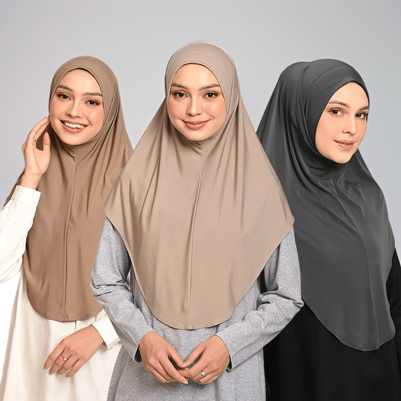 Elegant polyester hijab set for women, solid color, yarn-dyed, windproof, machine washable, high-quality breathable outdoor hijab hat.