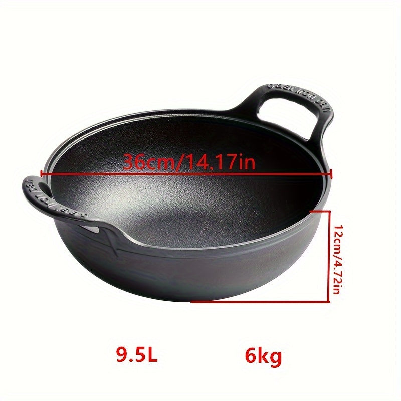 One-piece Double-ear Cast Iron Yuan Treasure Pot featuring a Classic Wooden Lid. This versatile pot can be used as a Flat Bottom Frying Pot, Stew Pot, or Multi-functional Non-coated Non-stick Pot. Suitable for use on Gas Stoves and Electric Magnetic