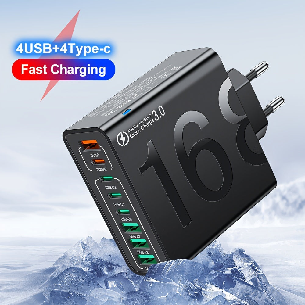 KAXOE 8in1 Fast Charging USB Phone Charger with 4 USB and 4 Type-C ports, QC 3.0 compatible for iPhone and Samsung.