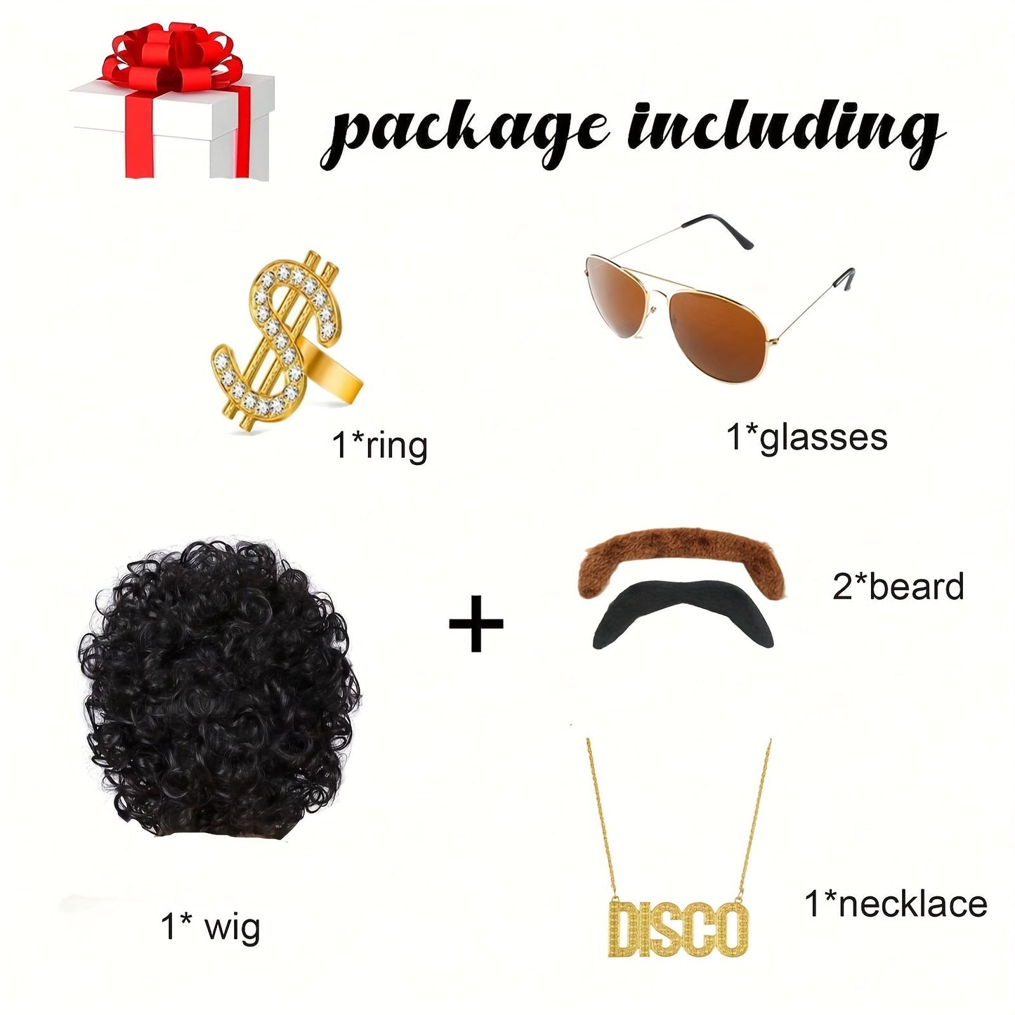 6-piece set of 70s 80s Disco Wig Costume Set features Disco Hippie Short Curly Wig, Disco Fashion Glasses, Moustache, and Faux Golden Chain Necklace perfect for Disco Men Party or Halloween Party Dressing Up.