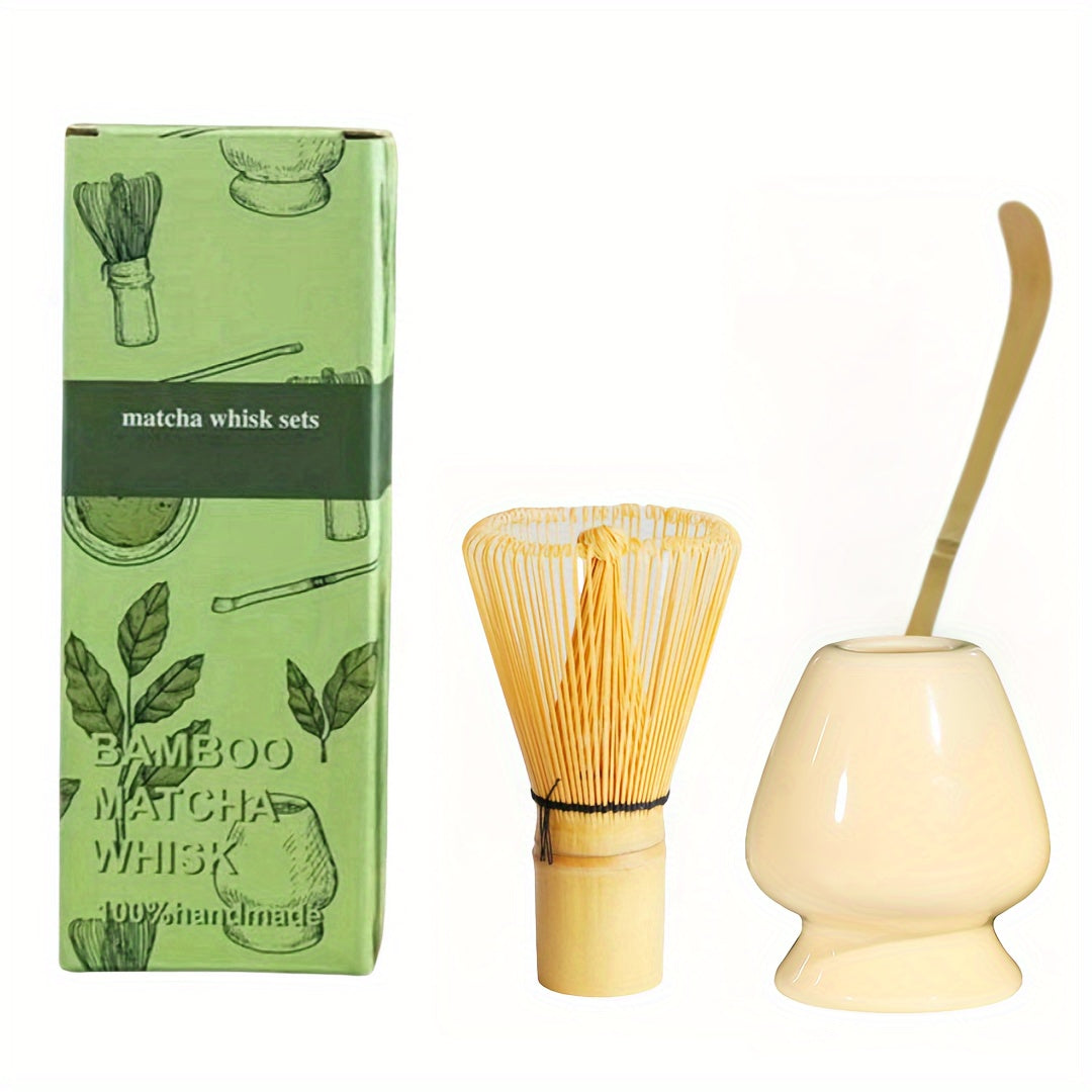 Complete Set of Traditional Japanese Matcha Tools - Includes Bamboo Whisk, Ceramic Spout, and Scoop - Ideal for Holiday Season