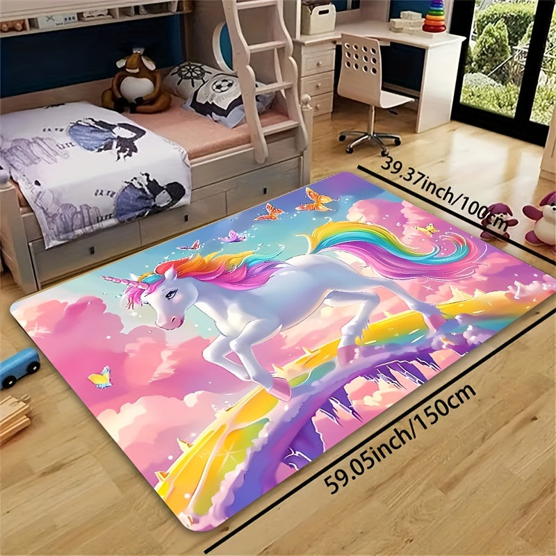 Add a touch of whimsy to your space with the Whimsy Woods Unicorn Area Mat. Made from durable 8mm thick polyester, this cartoon fantasy horse mat is perfect for the bedroom, living room, or entryway. It is machine washable and features a cute unicorn