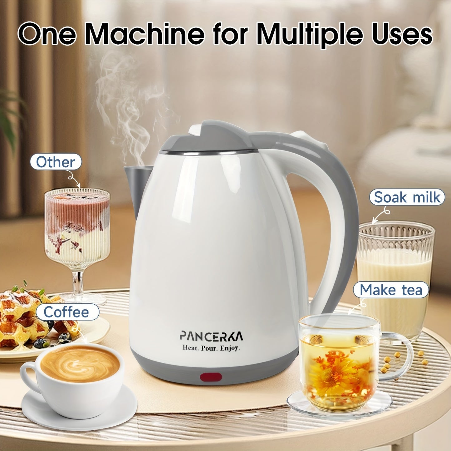 PANCERKA 1.8L Electric Kettle, 1500W Stainless Steel Cordless Water Boiler with Overheat Protection, Quick Boil, Safe Touch for Coffee & Tea, European Plug - Adapter-free