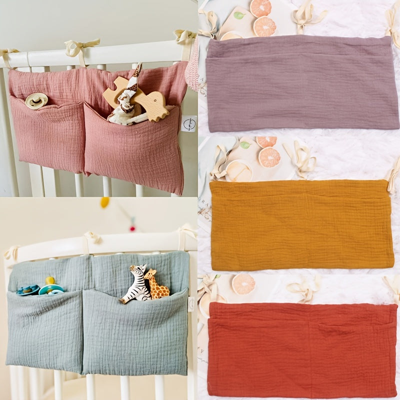 Baby bedside storage bag made of pure cotton with double layers and two pockets, also suitable for hanging on strollers. Includes a printed baby bottle holder, perfect as a gift for Halloween or Christmas.