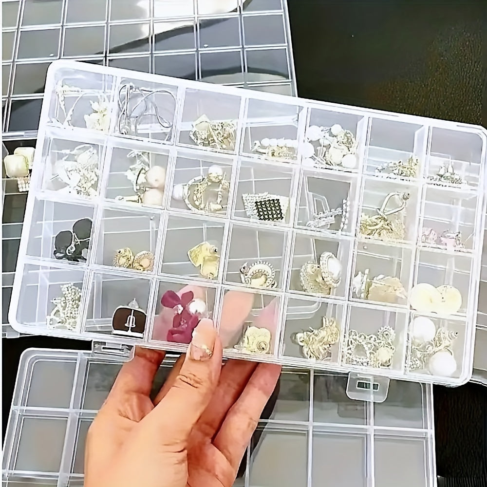 28-compartment plastic jewelry box for organizing beads and other jewelry items.