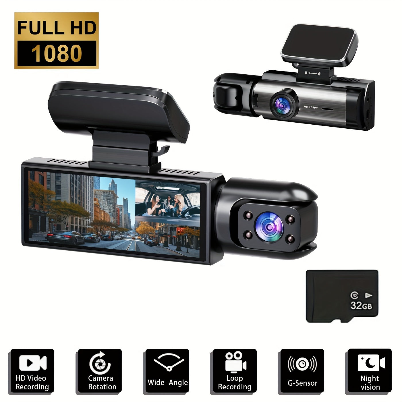 XIMIKATU 1080P Dual Camera Dash Cam with IR Night Vision, Loop Recording, Wide Angle Lens, 8.03 cm IPS Screen - Black, Button Control, LCD Display, Driver Side Placement, Rechargeable