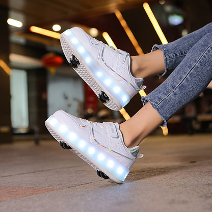 LED Light-Up Roller Skates for girls in Purple & White. Adjustable strap, Lightweight & Breathable. Ideal for outdoor fun and street style. Trendy youth sneakers with Pu Upper Skates.