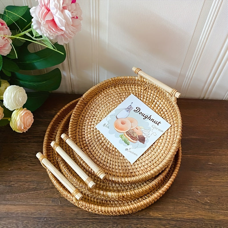 Handcrafted Rattan Serving Tray with Double Handles - Ideal for serving tea, fruit, bread, snacks, and as a storage basket or trivet mat. A versatile addition to your home kitchen essentials.