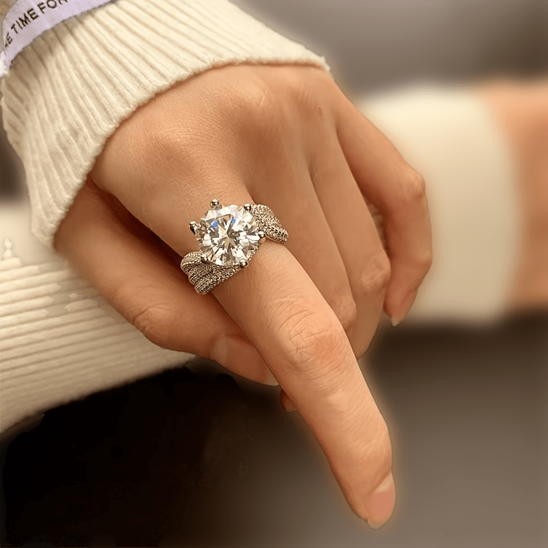 Elegant and Timeless: Sterling Silver Wide Ring Embellished with Shiny 5ct Moissanite, a Beautiful Addition for Formal Events and Special Occasions, Ideal Gift for Women.