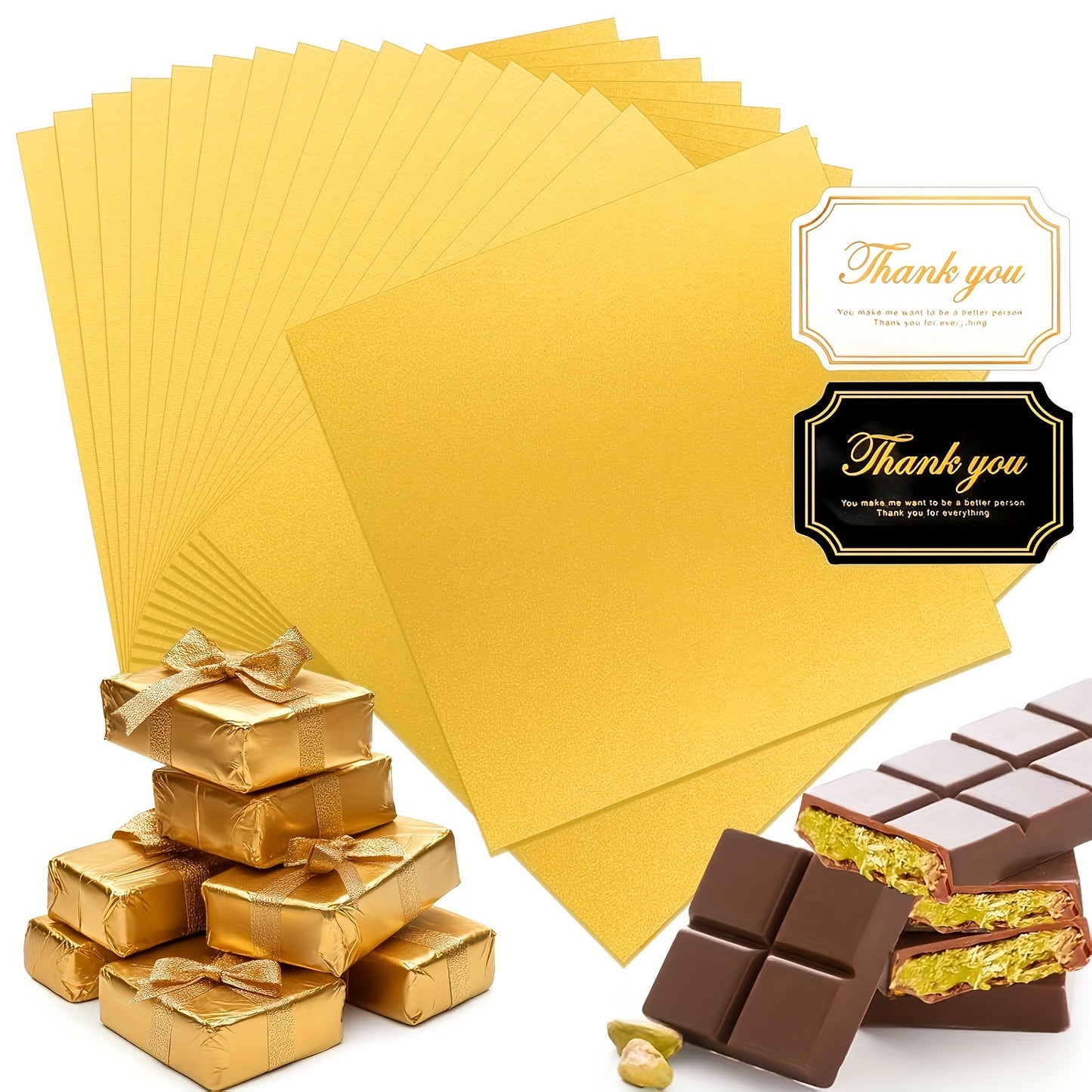 220-piece set including large Dubai Chocolate Bar pistachio wrappers,120 stickers, and 100 8-inch chocolate foil wrappers.