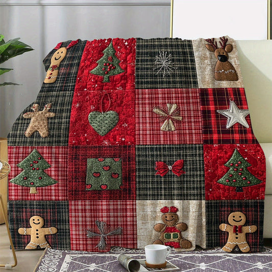 Stay cozy and stylish with our Vintage Plaid Christmas-themed blanket featuring Christmas elements such as stars, gingerbread men, bowknots, and Christmas trees. Made of soft and warm knitted polyester flannel, it is perfect for all seasons and can be