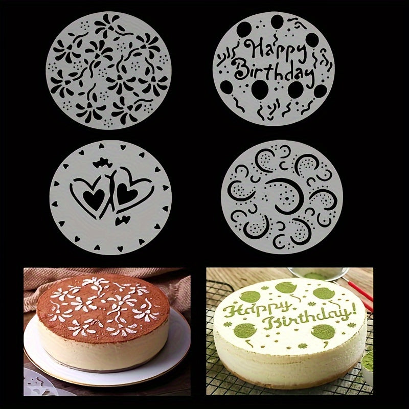 Cake Decoration Mold Set includes 4 pieces of plastic templates for spray cake designs. Perfect for decorating cakes, biscuits, sugar cubes, desserts, and more. A versatile baking tool and kitchen accessory.