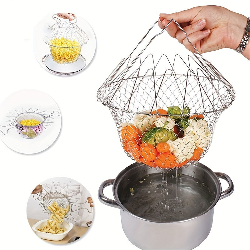 1 piece of Stainless Steel Frying Basket: a foldable, steam rinse, and strain kitchen tool for frying and cooking fried food in the household. A versatile kitchen gadget for all your cooking needs.