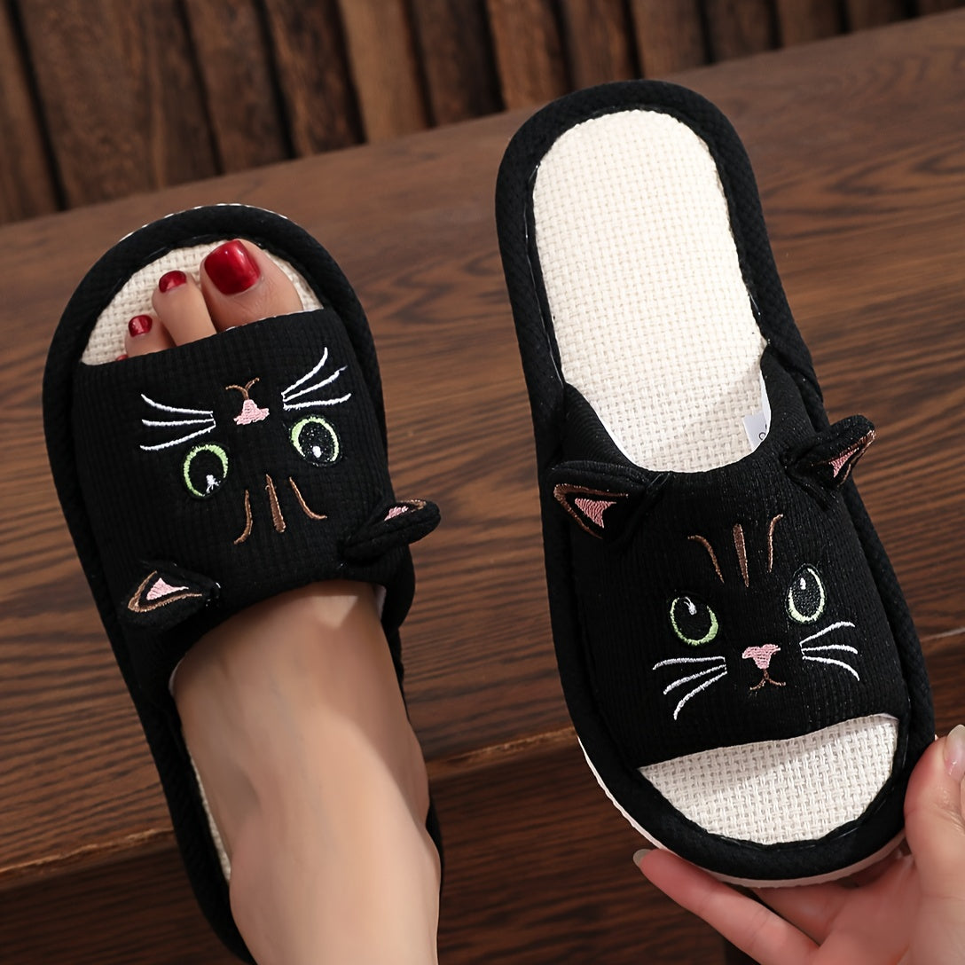 Cartoon home slippers with soft linen sole, lightweight and breathable.