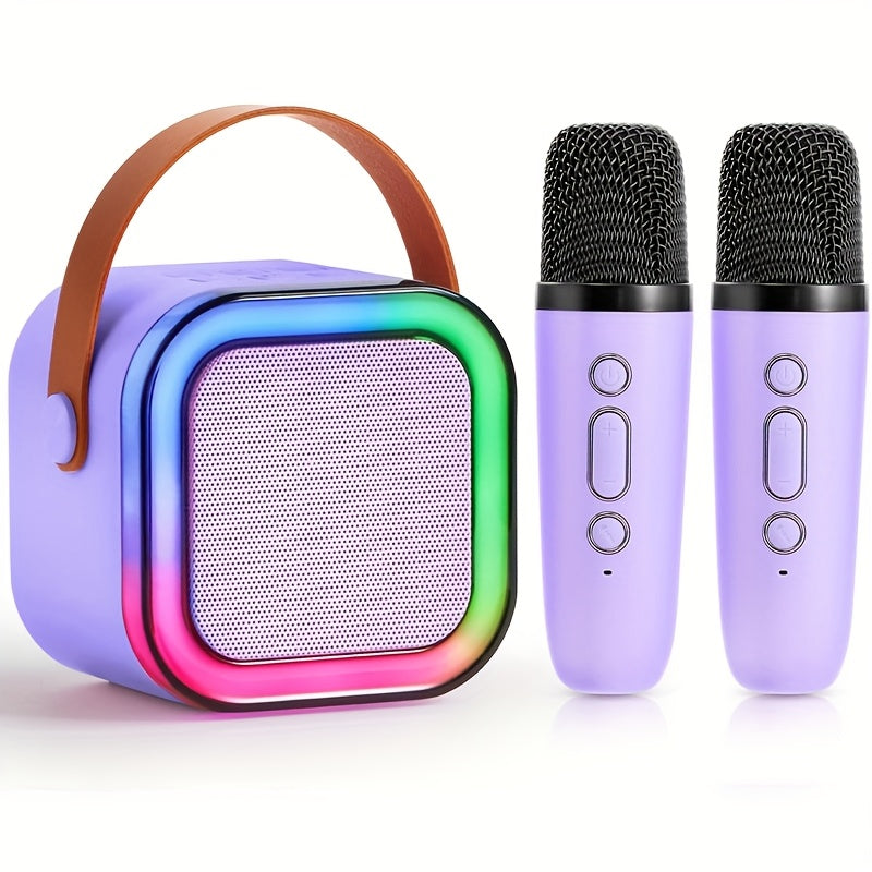 Portable adult karaoke machine with 2 wireless microphones, RGB lighting, TF card/USB support, gift box packaging in purple/black. Compatible with all smartphones.