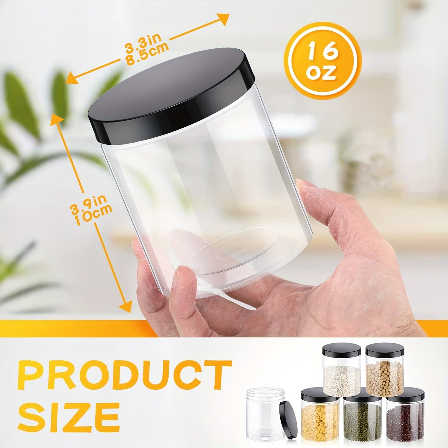 16oz Transparent PET Plastic BPA-Free Large Reusable Jar with Black Frosted Lid, Perfect for Family and Kitchen Food Storage and Organization. Available in packs of 6 or 8 pieces.