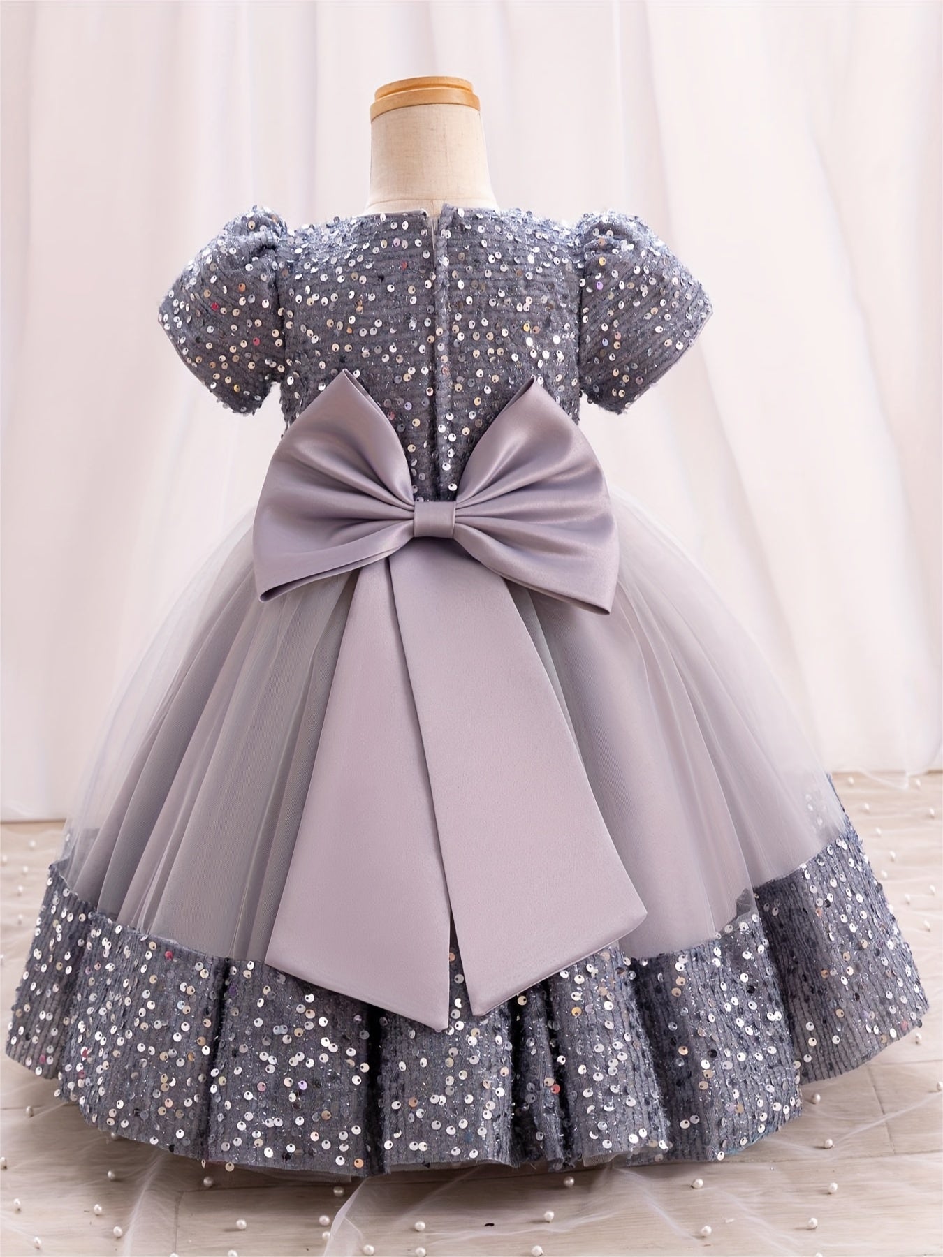 Sparkling gown dress with 3D flower decor and sequins, perfect for weddings, birthdays, and parties.