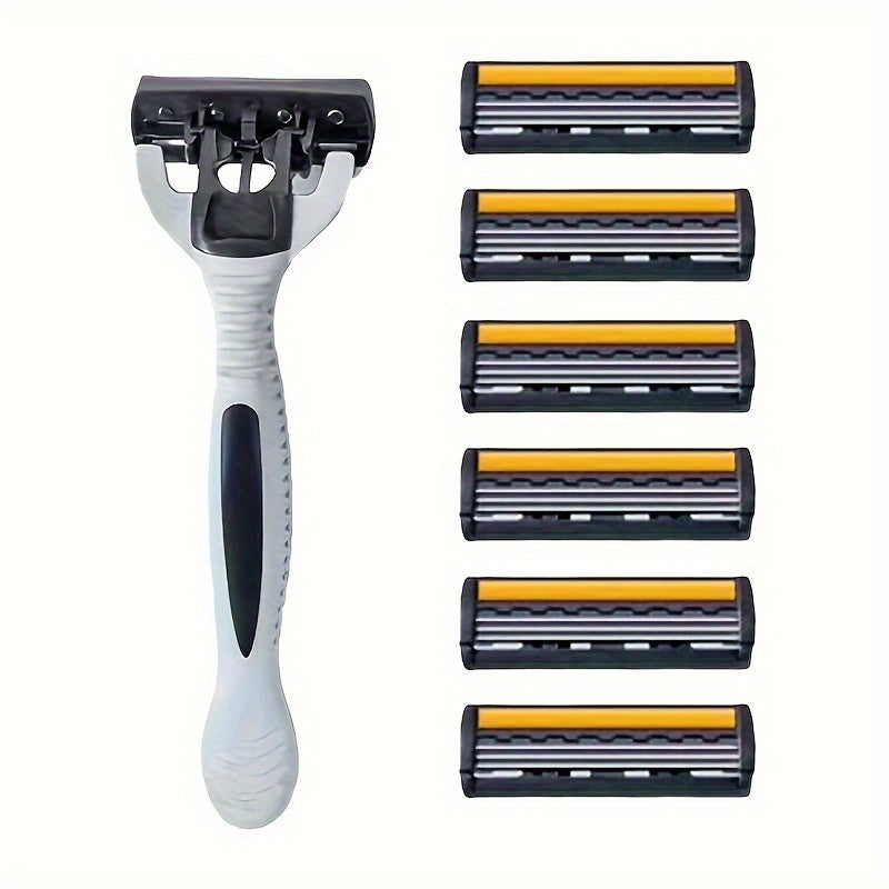 Men's manual razor with stainless steel blades, non-slip handle, and replacement heads. Ideal for beard and mustache grooming.