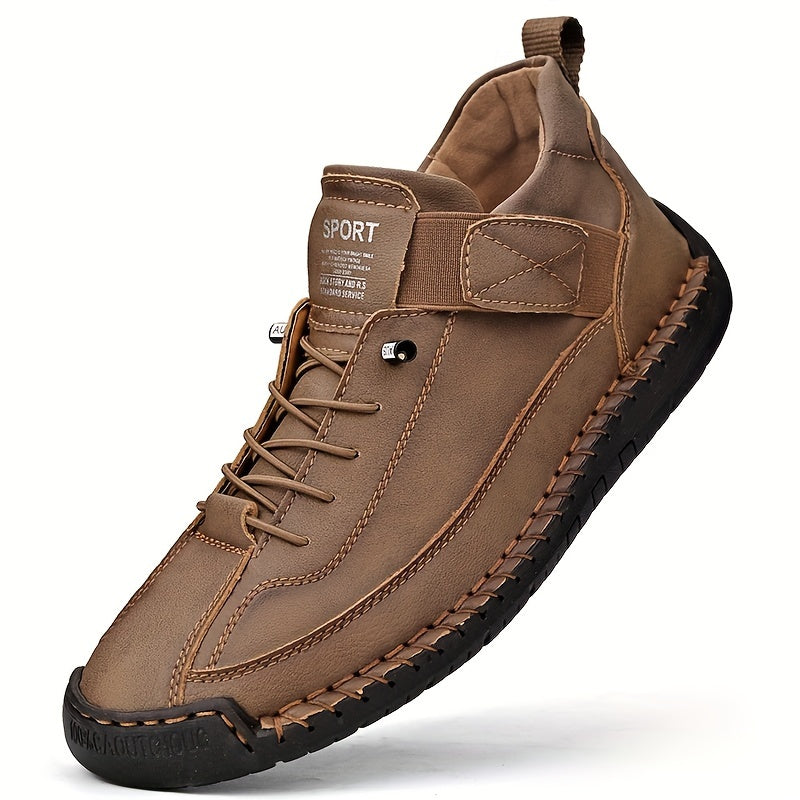 Men's plus size ankle shoes with stitching, hook & loop fastener, and wear-resistant design for outdoor wear