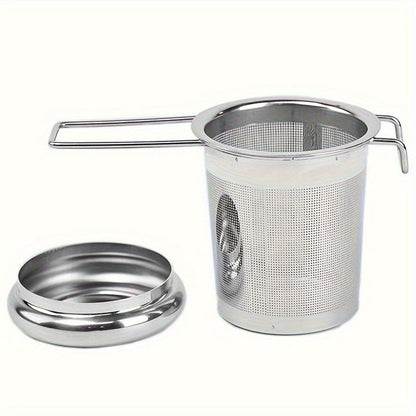 Tea infuser made of durable stainless steel for loose leaf tea, with lid and handle for convenient use at home, office, restaurant, or hotel. Features micropore metal strainer basket.