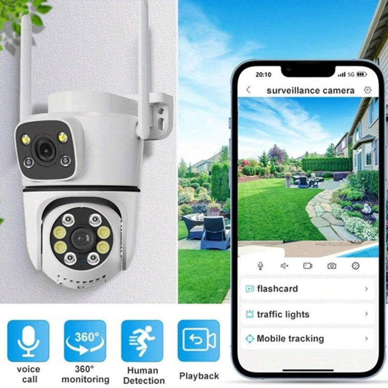 OIMLYO 4MP Dual Lens Wireless Security Camera features AI Smart Alert, 2.4G WiFi, Two-Way Audio, Full Color Night Vision, USB Powered, TF Card & Cloud Storage Support, Smartphone Compatibility, 1080p Resolution, ABS Material, and No Battery Needed.