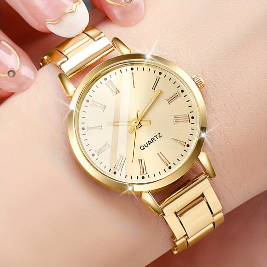 Fashion Quartz watch for women aged 15 and above with alloy strap, round dial, non-waterproof, electronic, chic style.