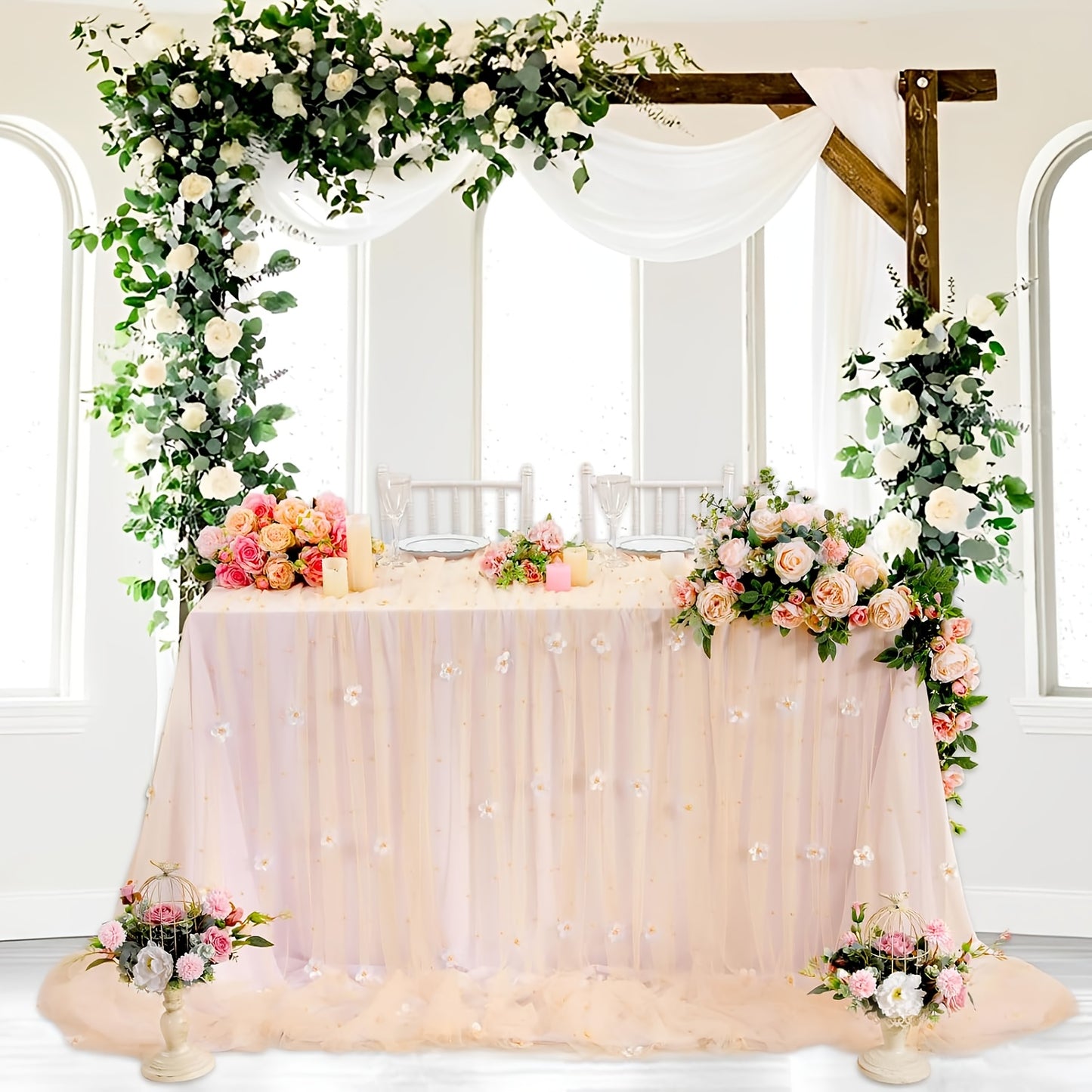 Elegant pearl bead tulle table runner, perfect for weddings and parties. Can also be used as a chair sash or backdrop drape. Made from 100% polyester fabric with delicate bead detailing.