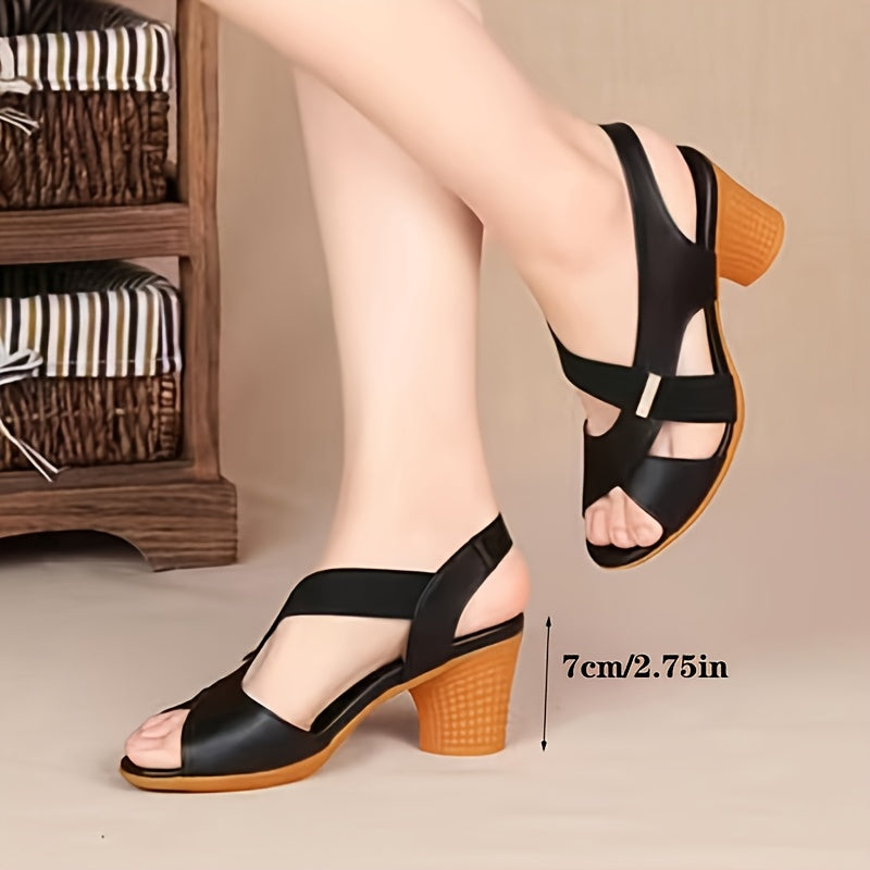 Stylish mid-heel sandals with open toe and hook-and-loop fastener, made of man-made materials for all-season wear.