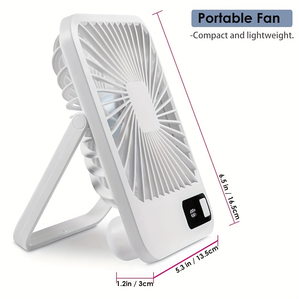 The Goard Ultra-Quiet Portable Desk Fan features a 180° swivel, 5-speed adjustable wind settings, USB rechargeable battery, power display - Ideal for use in home, office, travel, and outdoors.