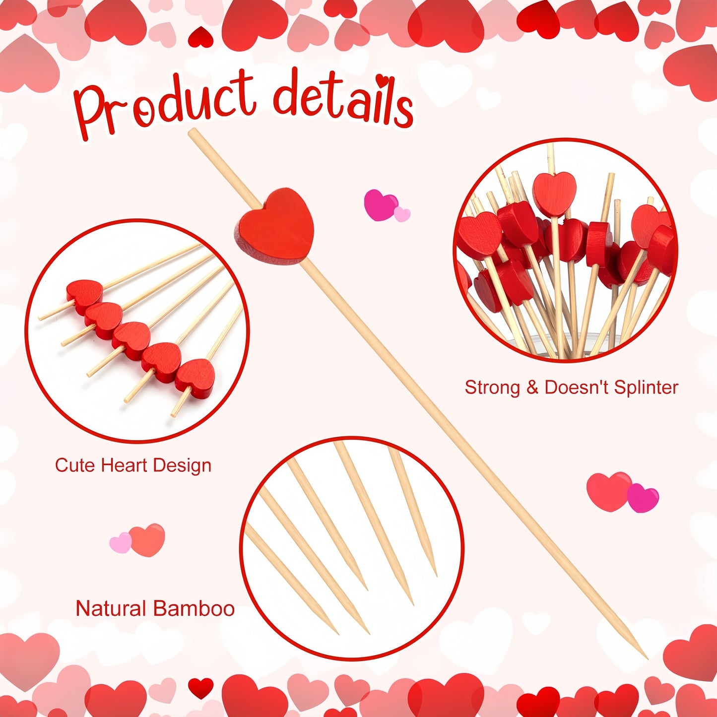 100pcs red heart cocktail picks, 11.94 cm bamboo skewers for bridal shower, wedding, and Valentine's party. Great for decorating food and drinks.