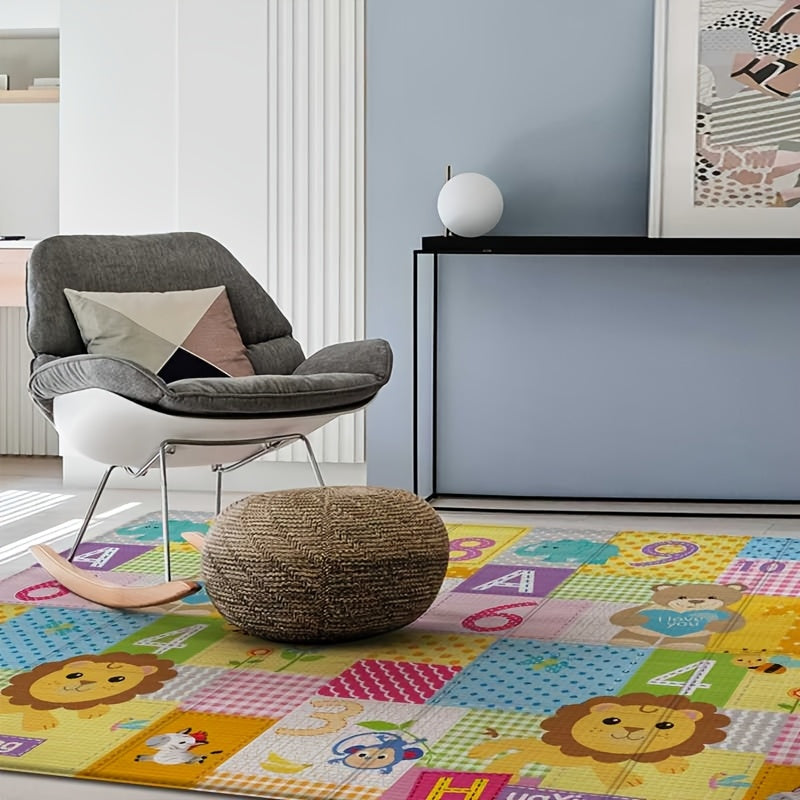 Large blue play mat with playful animal and toy design, suitable for indoor and outdoor use. Ideal for modern living spaces.