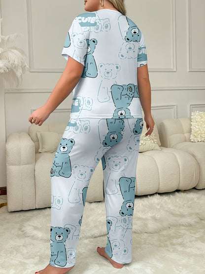 Plus size teddy bear print pajama set for women with round neck, short sleeve, and long pants. Comfortable loungewear for spring/summer/fall.