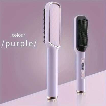 2-in-1 Ceramic Hair Straightener Brush with LCD Display, European Standard Plug, Perfect Mother's Day Gift for Unique Hairstyles