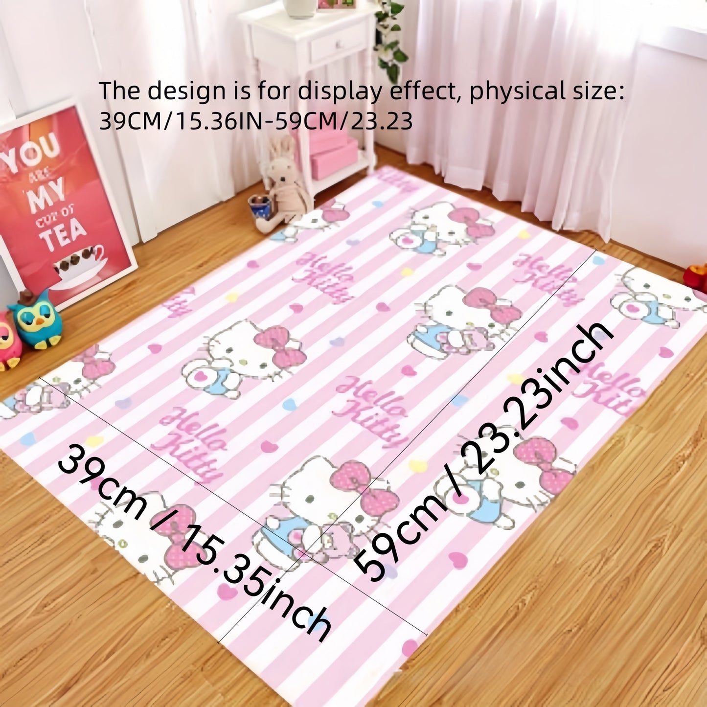 Soft and magical Sanrio Hello Kitty plush rug made of non-slip polyester, perfect for bedroom and living room decor. Hand wash recommended.