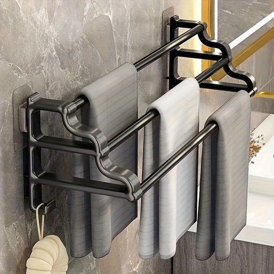 No-installation needed towel rack with dual bars, hooks for towels and durable plastic material, saving bathroom space.