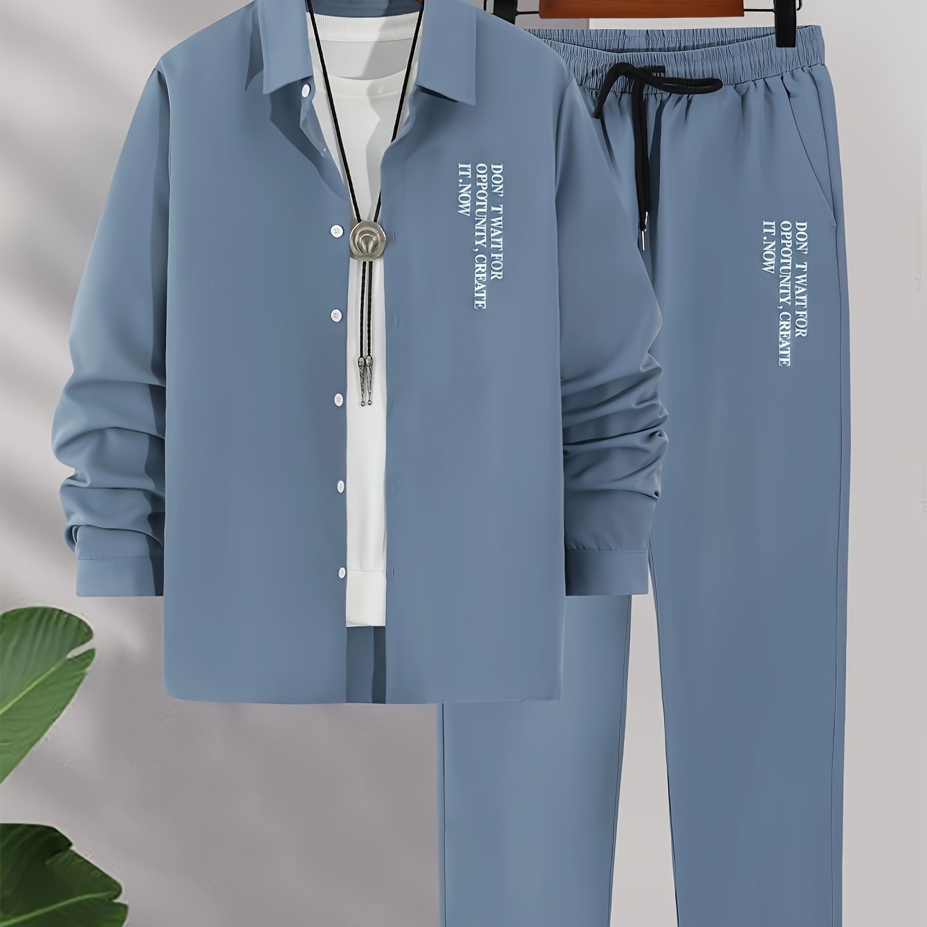 Men's 2-piece casual outdoor set includes a printed long sleeve button-up shirt and drawstring pants made of durable polyester. Machine washable and ideal for spring/fall.