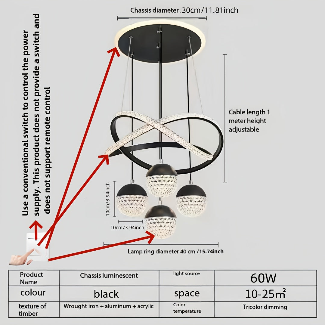 Modern LED Ceiling Light with 4 Acrylic Ball Pendants - Dimmable, Easy to Install for Various Decor Settings