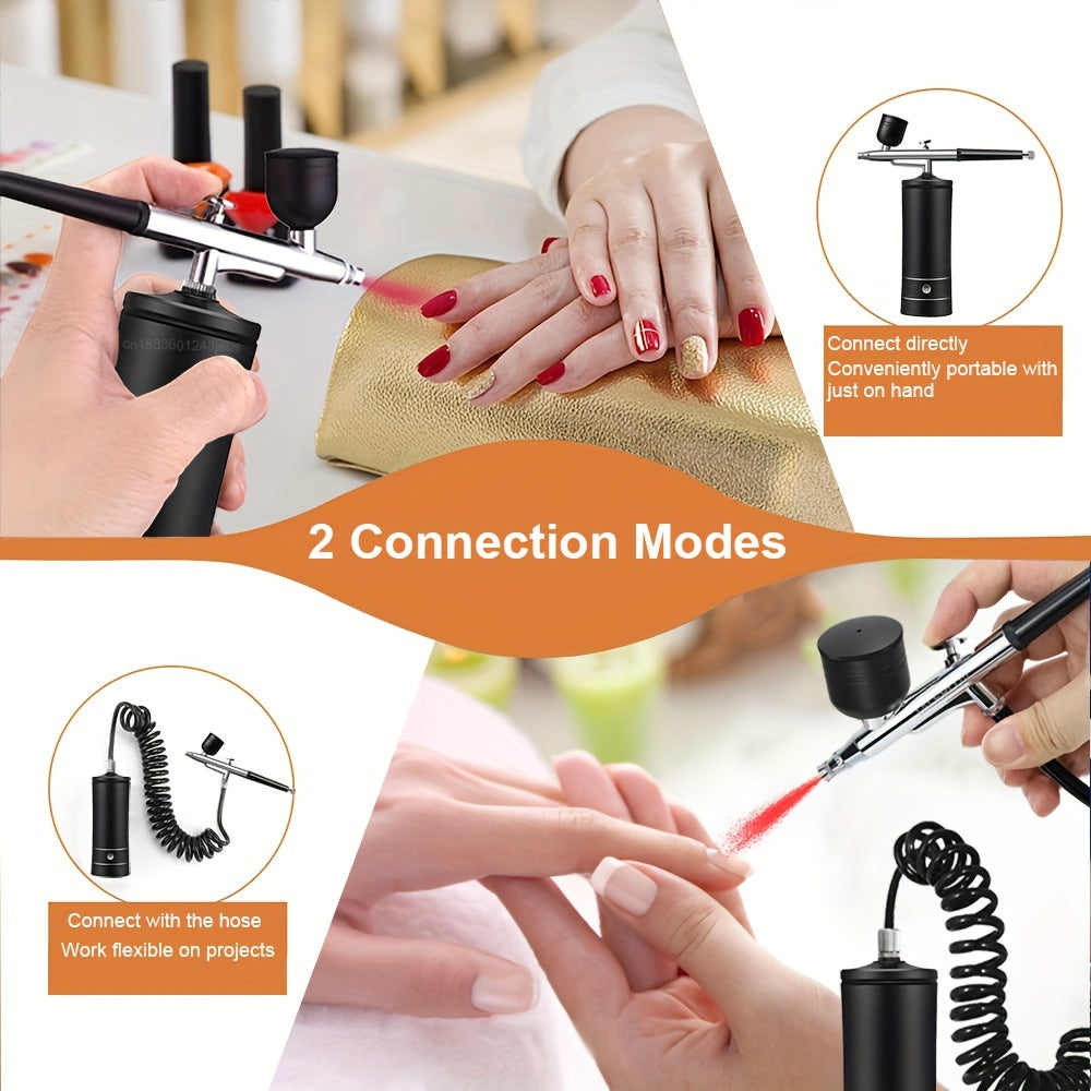 Portable, rechargeable airbrush kit with compressor and handheld gun for painting, art, and home decoration. Features 0.3mm tip.