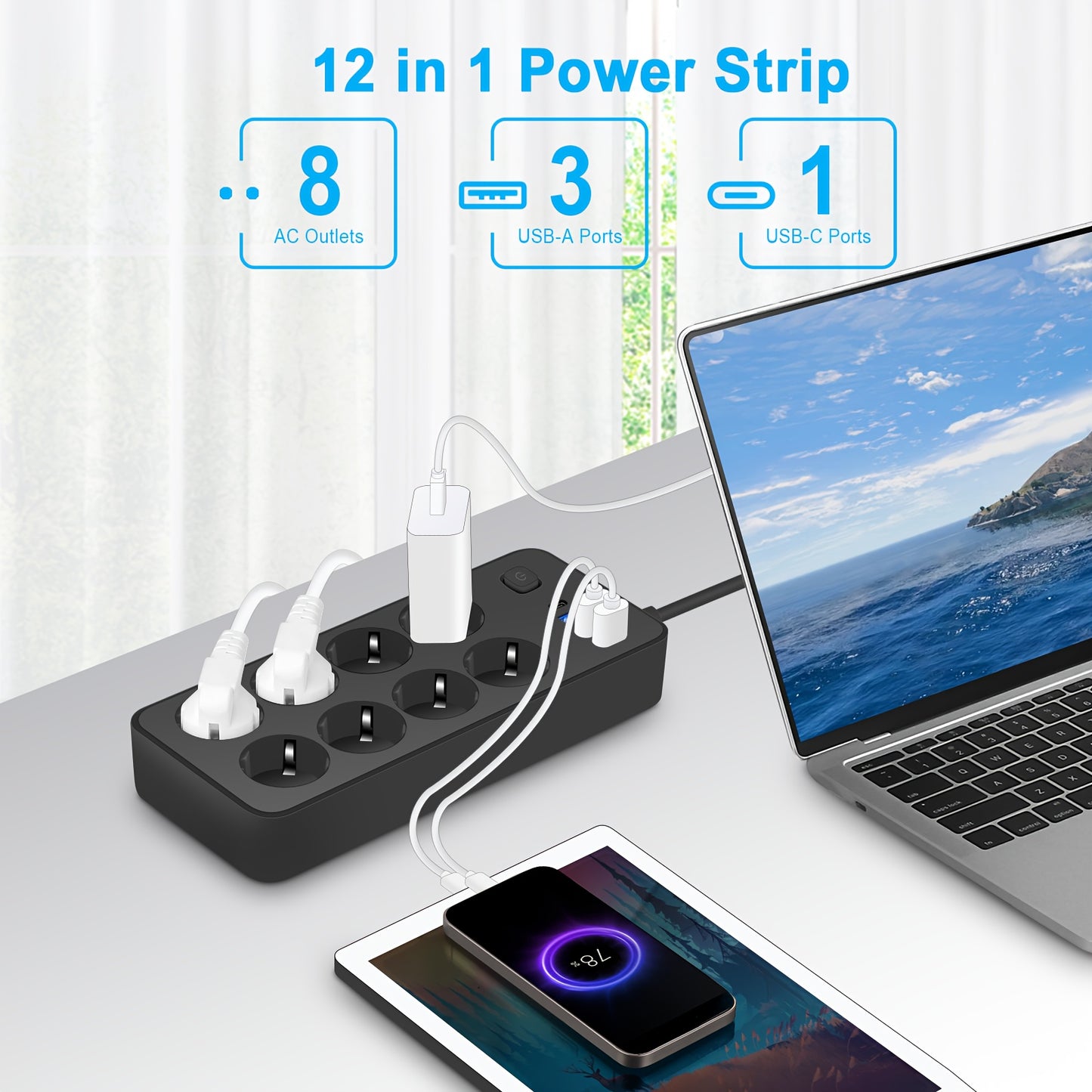 1pc Surge Protector Power Strip with 6 AC Outlets, 3 USB Ports (1 USB-C), and 182.88cm Extension Cord. Wall-mountable and suitable for Home Office Dorm Essentials.