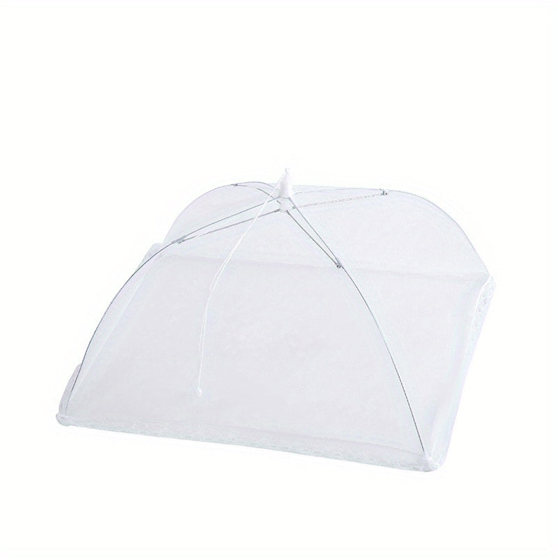 Lace mesh food cover that pops up like an umbrella to protect food from dust, reusable and collapsible design for table, kitchen utensil.