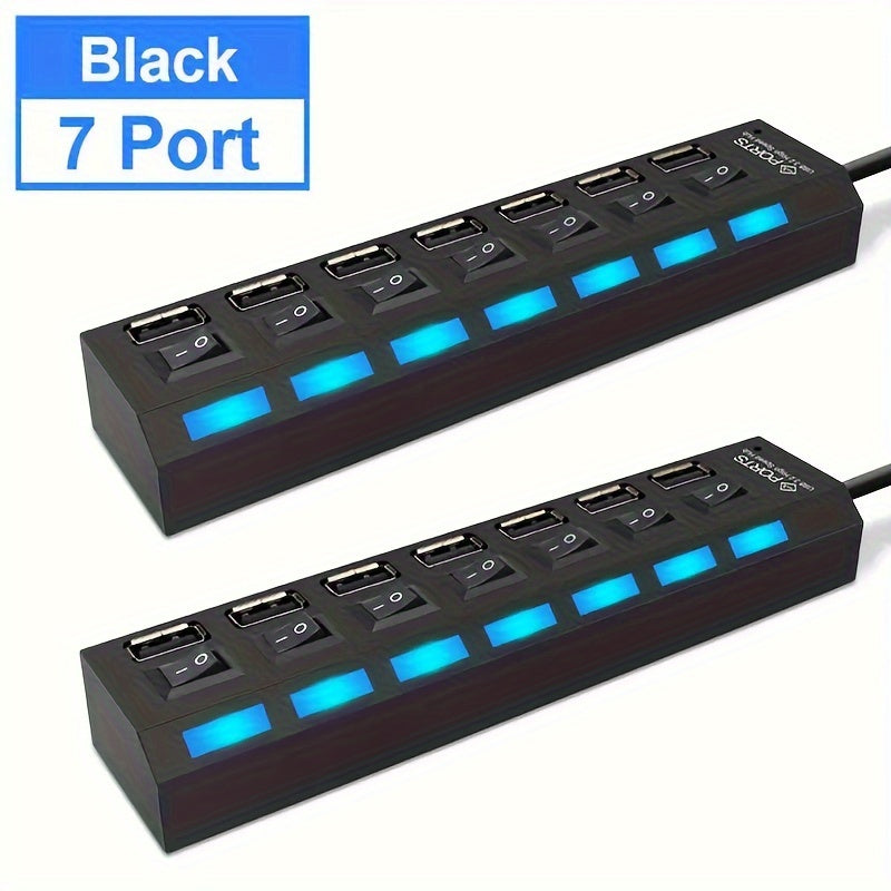 2pcs/1pc USB 2.0 Adapter Hub with 7 Ports/4 Ports and LED Light, Independent Power On/Off. For data transmission only, not for charging. Compatible with computer, tablet, and laptop.